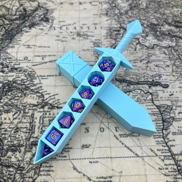 3D-printad svärdformad förvaringslåda med tärningar för DND RPG TRPG A1