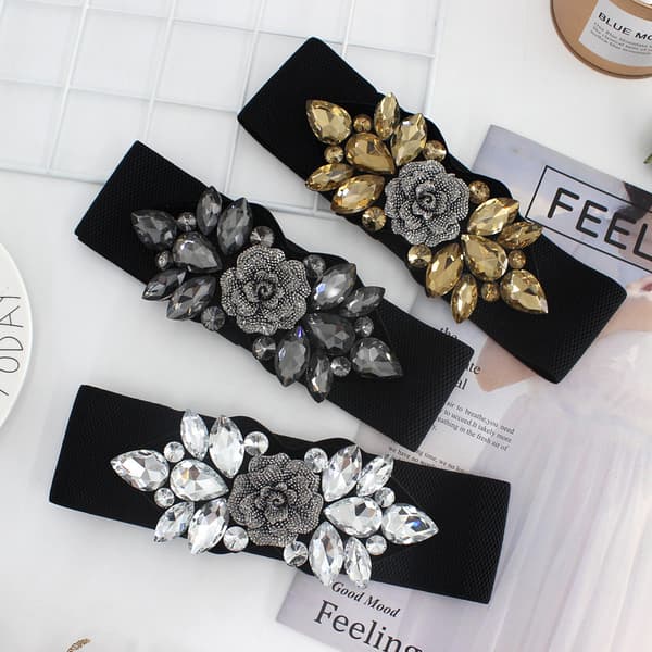 Kvinna Rose Flower Rhinestone Elastiskt midjeband White