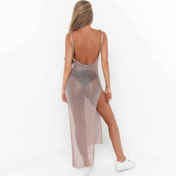 Dam Mesh Stickad Glitter Ups Paghetti Strap Dress Silver M