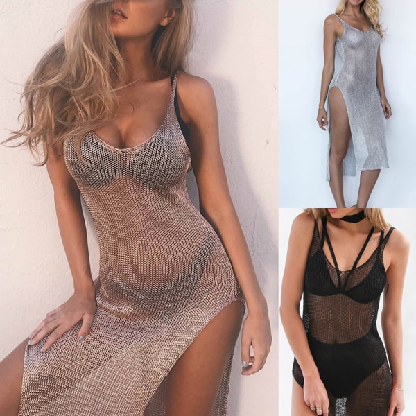 Dam Mesh Stickad Glitter Ups Paghetti Strap Dress Gold S