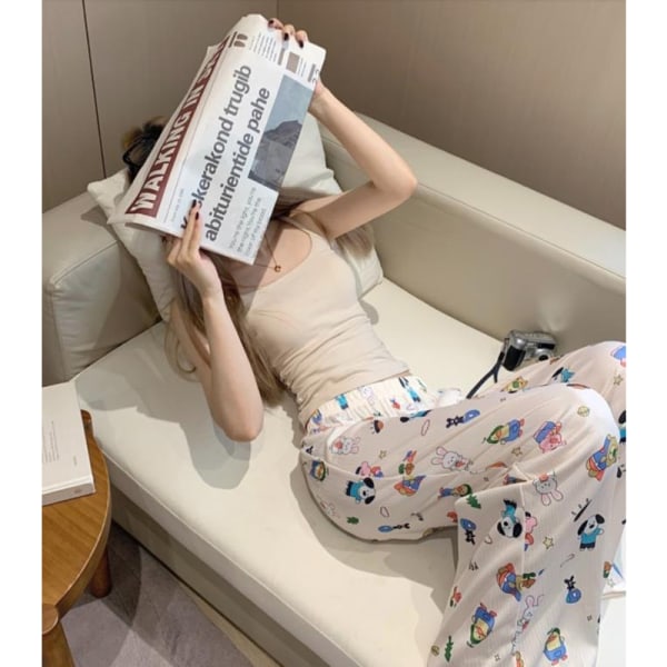 Pyjamas Set Cartoon Tryck Bred Kvinnors Sommar Tvådelad Set Beige XL