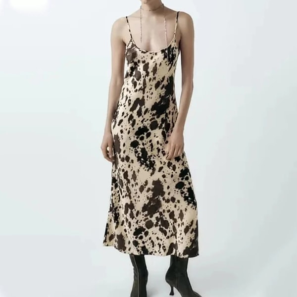Dam Leopard Print Djup V-ringad Kvinna Backless Solklänningar color L