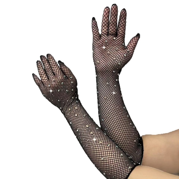 Sexiga Elastiska Rhinestones Mesh Handskar Långa handskar Tillbehör Black