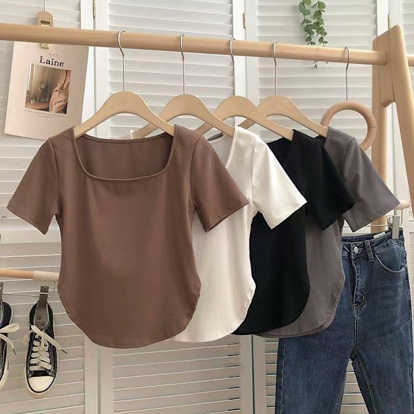 Kvinnor enfärgad fyrkantig krage kortärmad T-shirt crop top White XL