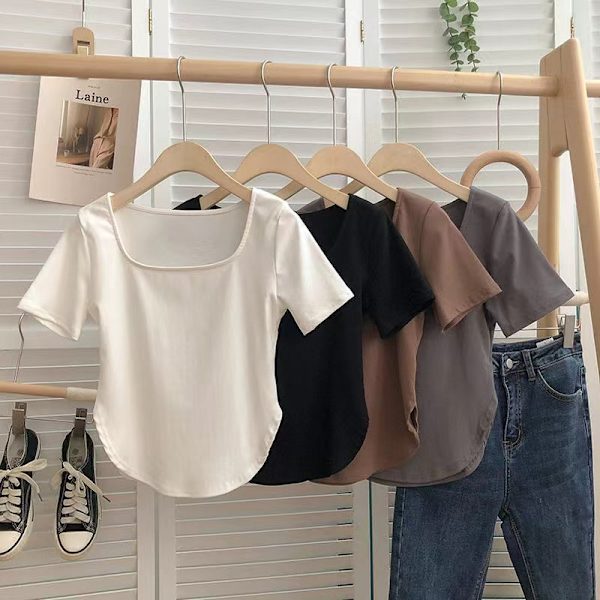 Kvinnor enfärgad fyrkantig krage kortärmad T-shirt crop top White XL