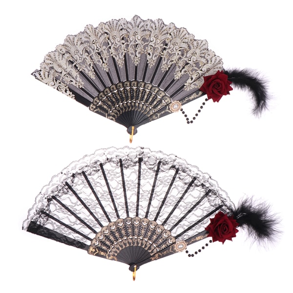 Lolita Fan Feather Rose Folding Fan Guldpläterad spetsfläkt B