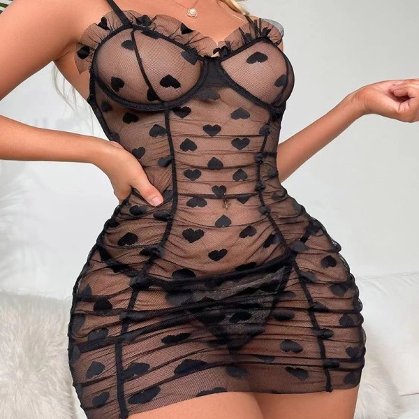 Sexiga damunderkläder Sets Heart Mesh nattkläder med stringtrosa Black XL