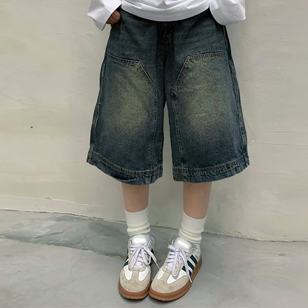 Unisex tvättade vida ben Capri jeansshorts Blue M