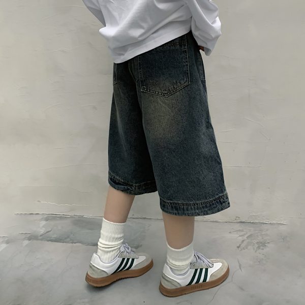 Unisex Tvättat Wide Leg Capri Jean Shorts Blue L