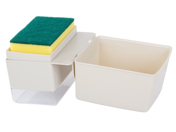 Opvaskemiddeldispenser 250 ml med svamp og drypbakke farvemix