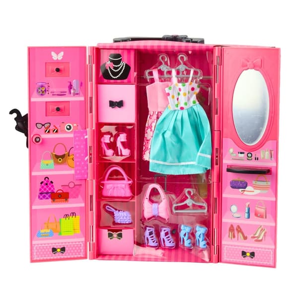 Modedukke 30 cm med rosa garderobe og tøj-/tilbehørsæt
