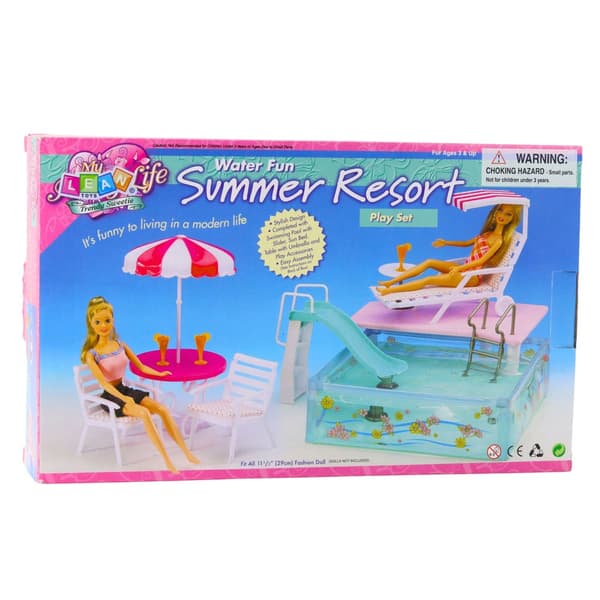 Dukkeudstyr sommerresort-sæt med pool og rutsjebane til 29 cm dukker