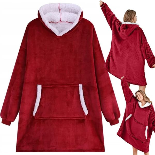 Filttrøje med hætte teddyfleece burgundy one size 85 cm