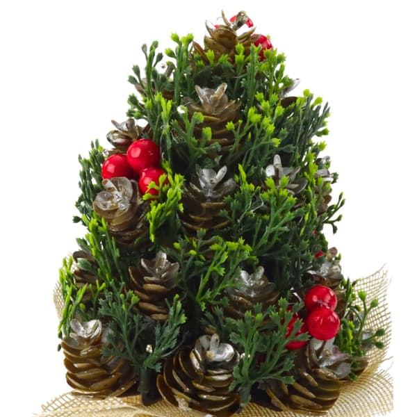 Mini julgran 17x10 cm med kottar och röda bär, jute-bas