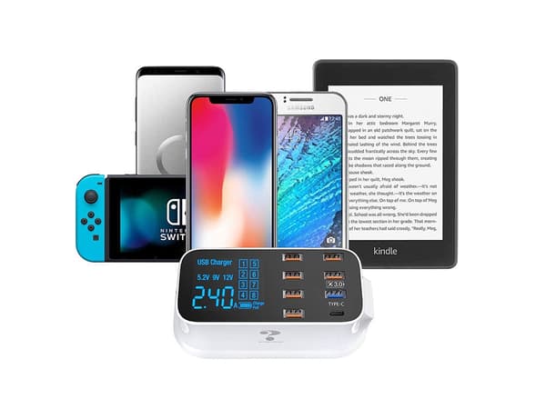 USB-oplader 8 porte med LED-display QC 3.0 + USB-C hvid