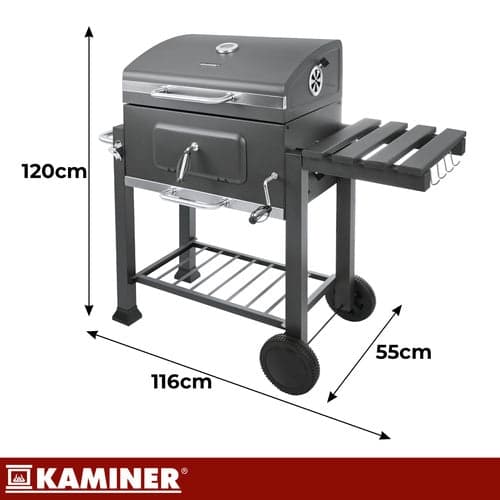 Kulgrill med låg og termometer 57x42 cm støbejernsgitter sort