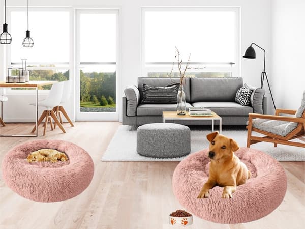 Rund hunde- og kattekurv i plys 50 cm lyserød skridsikker underside