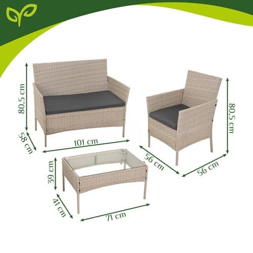 Utemöbelset technorattan beige 4 delar soffa 2 stolar bord glas