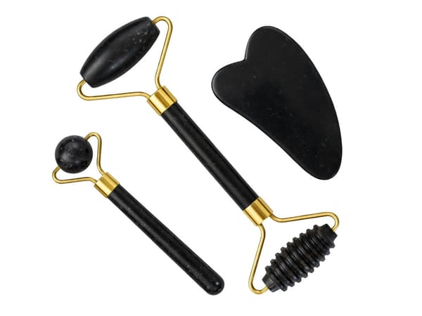 Ansigtsmassage-sæt jade 3-i-1 roller kuglemassager Gua Sha sort