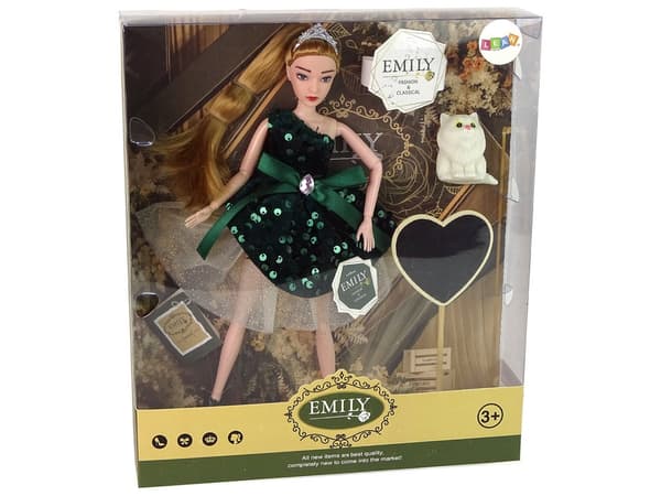 Mode-dukke Emily 30 cm med kat, der laver lyd, og træhjerte