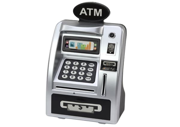 ATM sparegris med fingeraftrykslæser, kode, lyd/lys, sølv/sort
