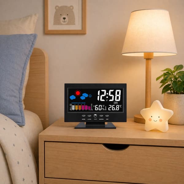 Digital bordsklocka med färgdisplay, termometer & hygrometer, 12/24h