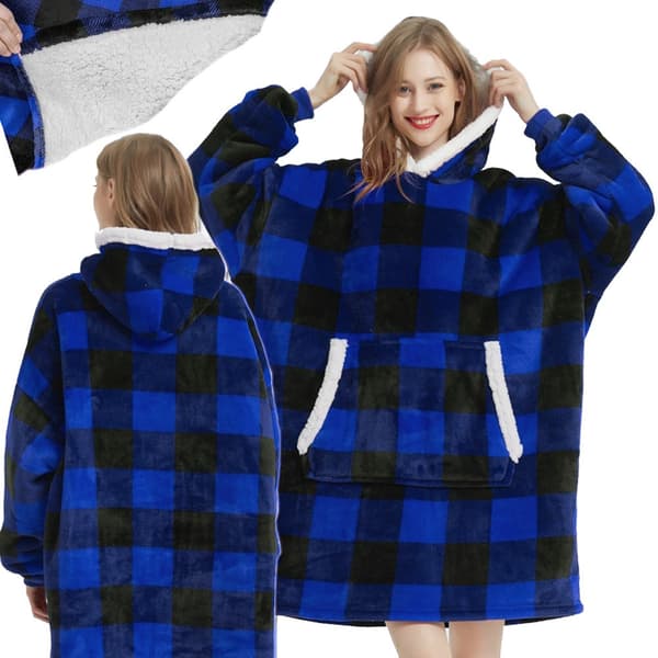 Fleecehuppari huppulla, sininen ruutukuvio, one size oversize