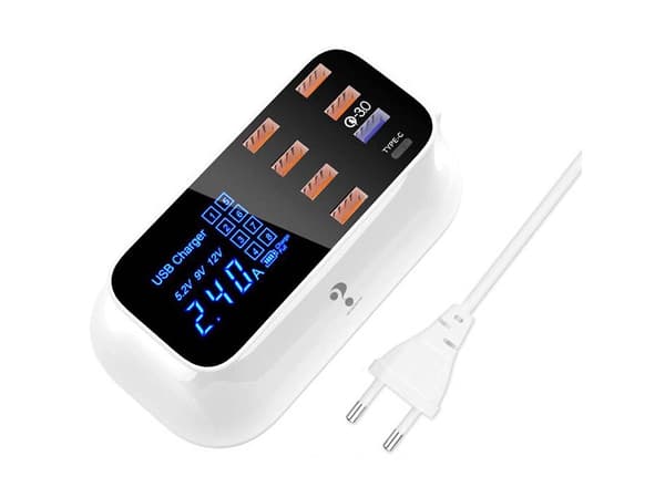 USB-oplader 8 porte med LED-display QC 3.0 + USB-C hvid