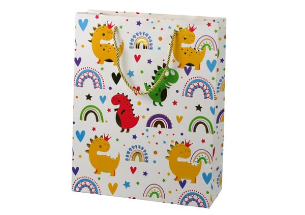 Presentpåse dinosauriemotiv vit med gulddetaljer 32x26x10 cm