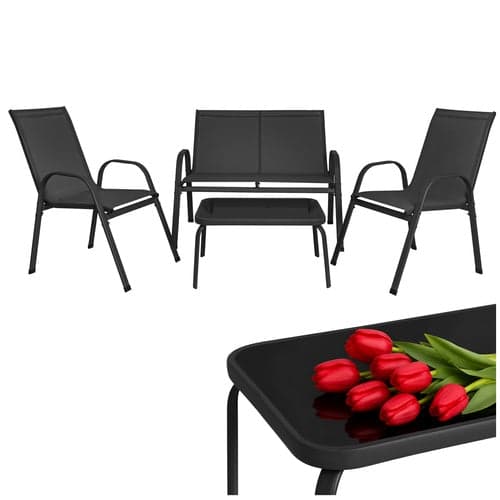 Trädgårdsmöbelset 4 delar 4-sits soffa 2 fåtöljer bord glas/stål