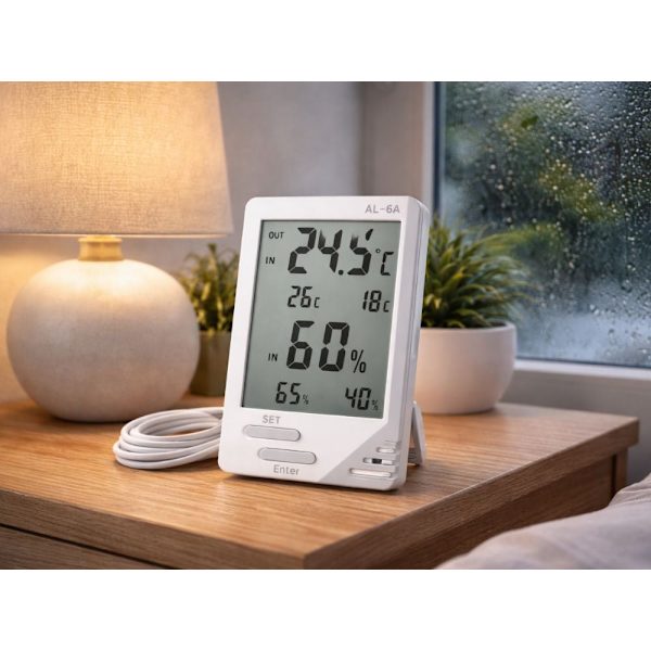 Termometer/hygrometer med LCD och trådbunden sensor inne/ute
