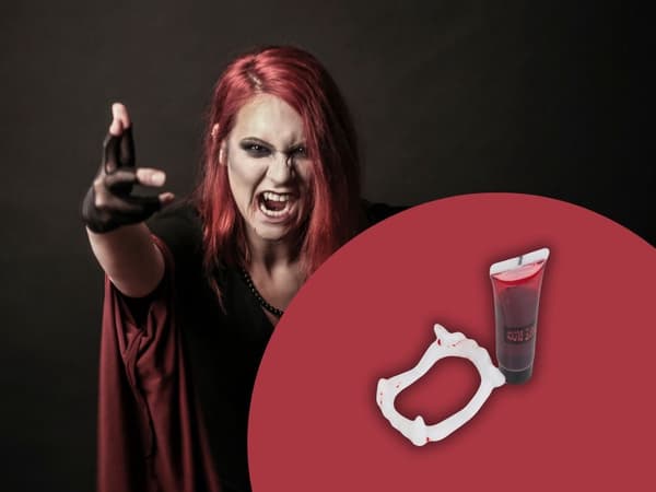 Vampyrtænder Halloween universal + falskt blod 14 ml