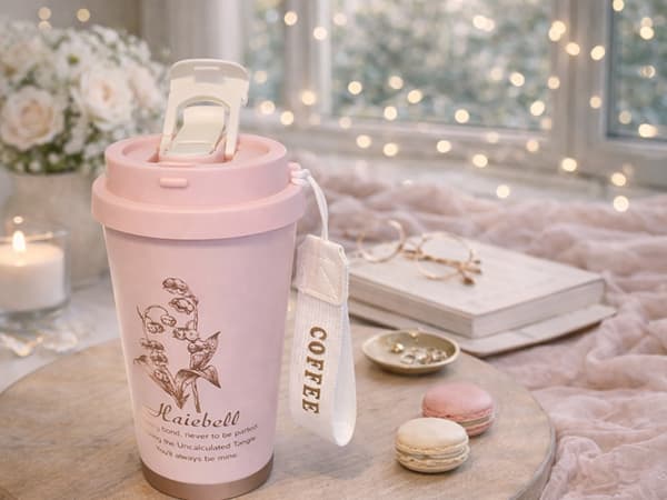 Termosmugg med sugrör 530 ml dubbelvägg rostfritt stål rosa
