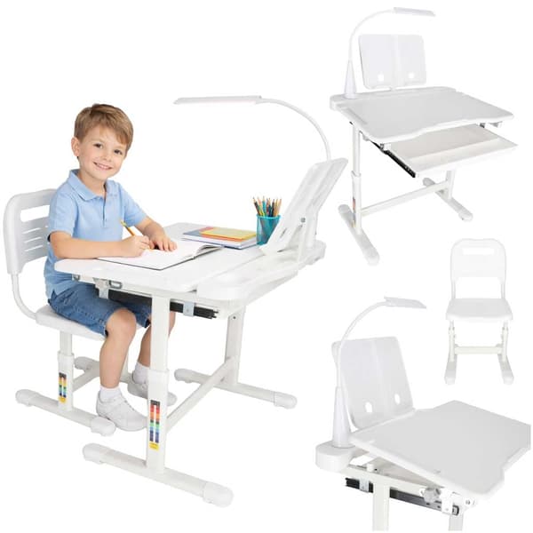 Justerbart børneskrivebord med stol, LED-lampe USB, hvid 70x51 cm