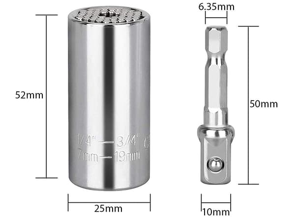 Universal hylsenøgle 7–19 mm Cr-V stål med adapter 52 mm