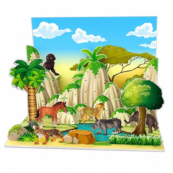 Vilda djurfigurer set 6-pack med 3D-bakgrund leopard tiger elefant