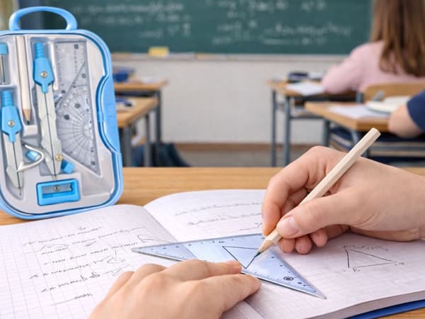 Geometrisæt 9 dele med passer lineal gradskive etui blå