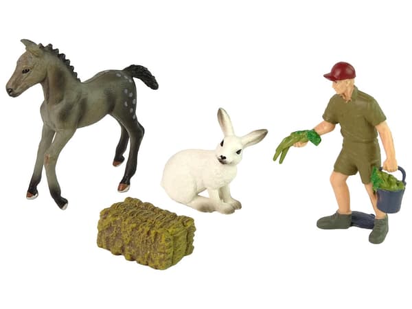 Dyrfigursæt plast 4 dele – grå hest, bonde, hare & hølass 3+
