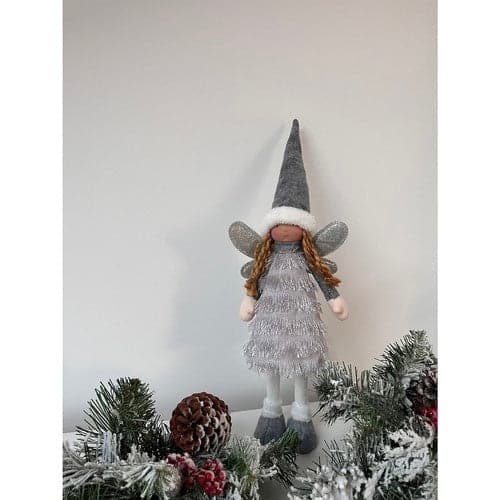 Julefigur stående fe med glitrende vinger 40 cm hvid/grå/sølv