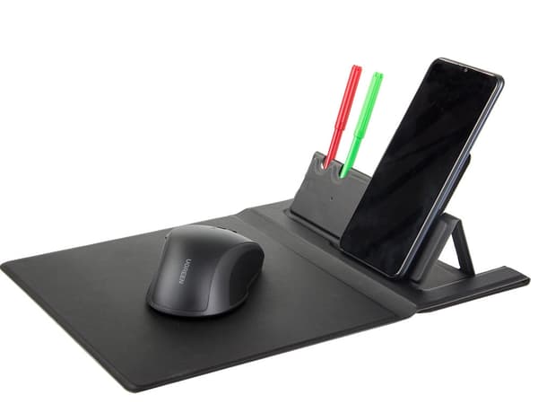 Musemåtte med trådløs oplader og mobilholder USB-C, sort