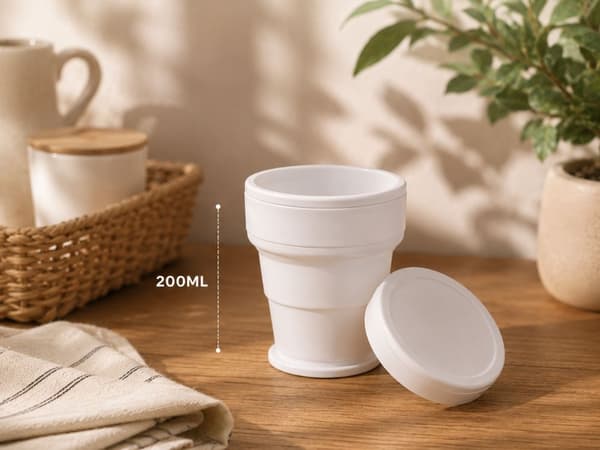 Sammenklappelig silikonekop med låg 200 ml hvid