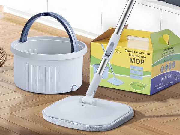 Moppset plattmopp med roterande hink mikrofiber blå skaft 120–140 cm