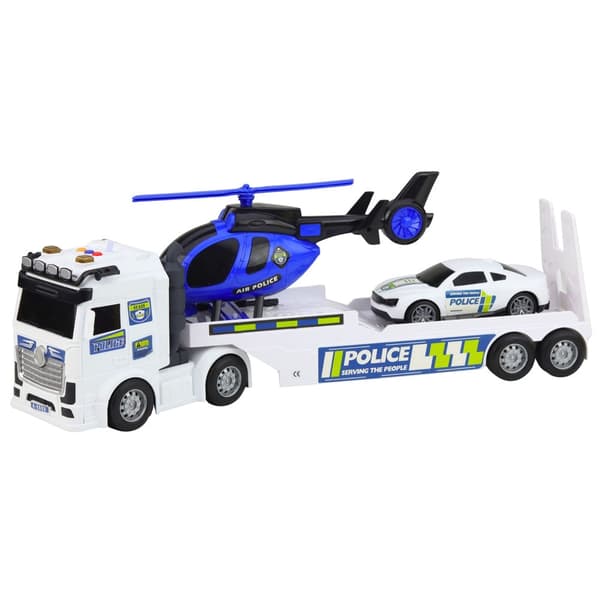Polis leksaksset bärgningsbil med släp, helikopter & polisbil
