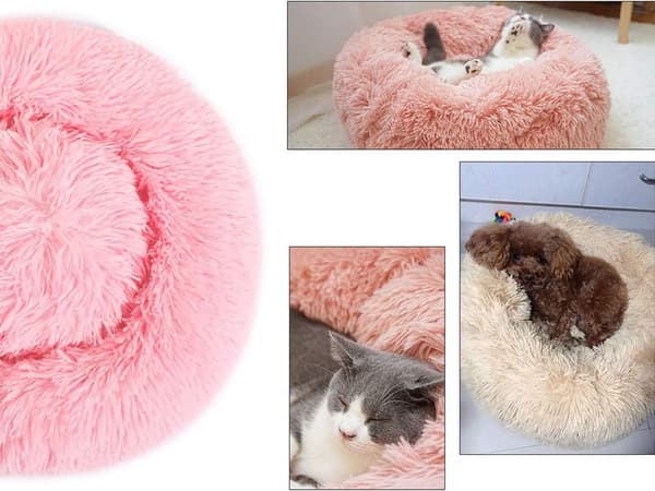 Rund hunde- og kattekurv i plys 50 cm lyserød skridsikker underside