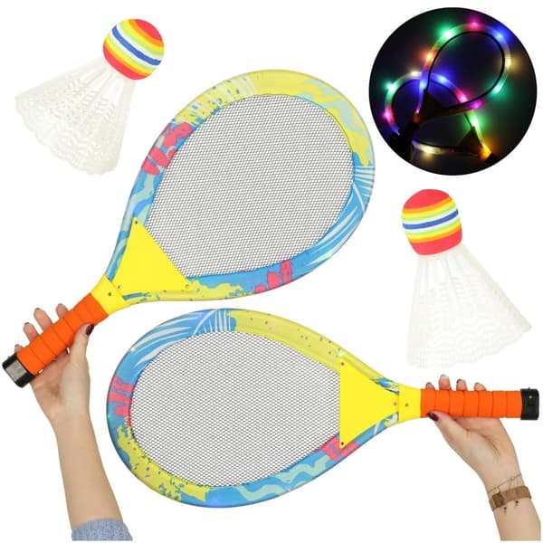 LED-belyste badmintonketcher sæt 2-pak med 2 shuttles inkl. batterier