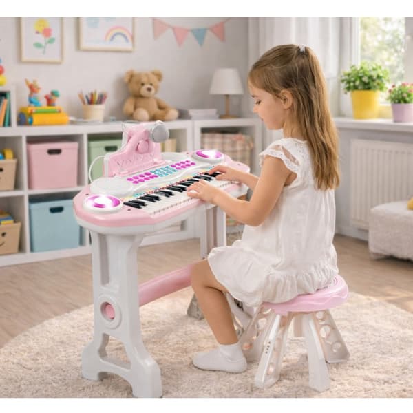 Lasten keyboard 37 kosketinta mikrofonitelineellä, jakkara, nuottiteline, MP3