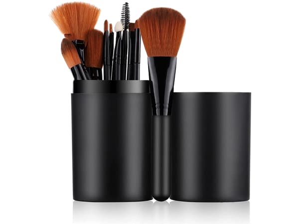 Makeupbørstesæt 12 dele med etui syntetiske børstehår sort/brun