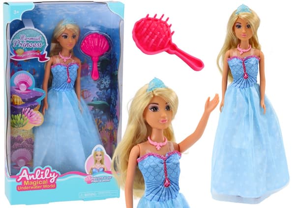 Sjöjungfru prinsessdocka 30 cm med blå klänning, krona och borste