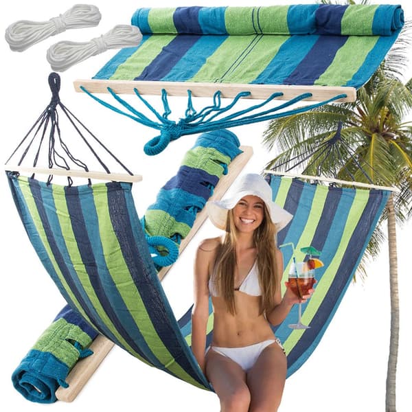 Hängmatta med trästavar randig bomull/polyester 200x80 cm + 2 rep