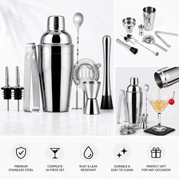 Cocktailsæt 8 dele rustfrit stål shaker 550 ml med sigte og måler Silver
